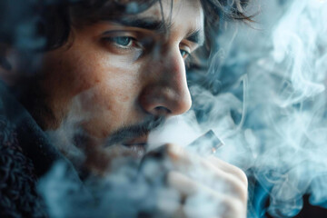 Health-conscious man holding electric cigarette pondering addictive smoke - a helpful advice on choosing an alternative to vaping - obrazy, fototapety, plakaty