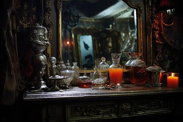 Fototapeta na wymiar Mystical Mirror: Hang a spooky mirror behind the drink station.