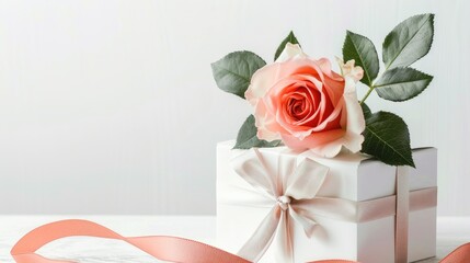 Beautiful rose flower in a gift box against a white backdrop celebrating International Women s Day