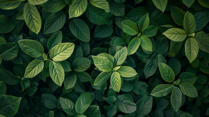 A close up of green leaves with a lush green background. The leaves are full and vibrant, giving the impression of a healthy and thriving plant - obrazy, fototapety, plakaty