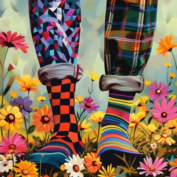 Illustration of colorful different pair of socks, patterned, florals, AI generated
