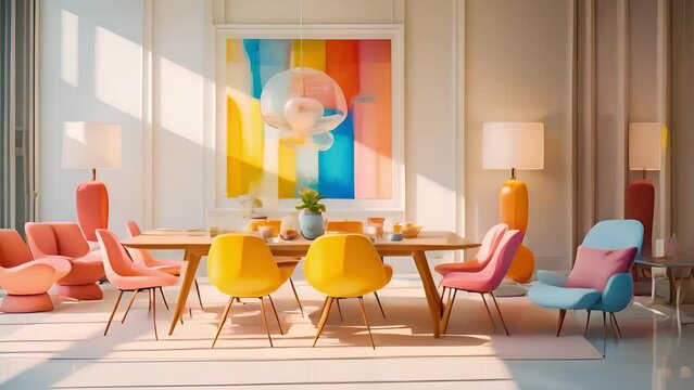 Modern colorful chairs at the dining table under a pastel lamp in the living room interior with pillows on a settee against a wall with a poster	