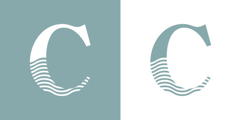 Logo Nautical. Letra inicial C con olas de mar - obrazy, fototapety, plakaty