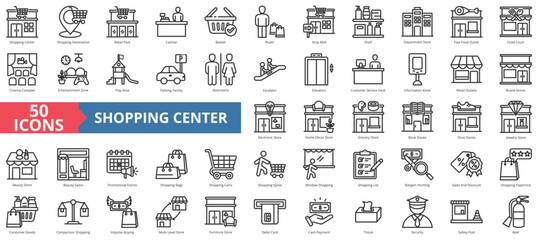 Shopping center icon collection set. Containing destination, retail park, cashier, basket, buyer, strip mall, shelf icon. Simple line vector.
