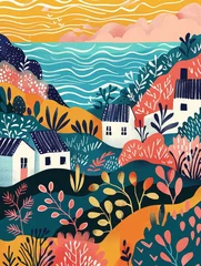 Peel and stick wallpaper Mountains Illustration of sea town with mountains and florals, AI generated
