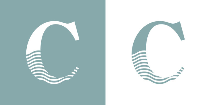 Logo Nautical. Letra inicial C con olas de mar