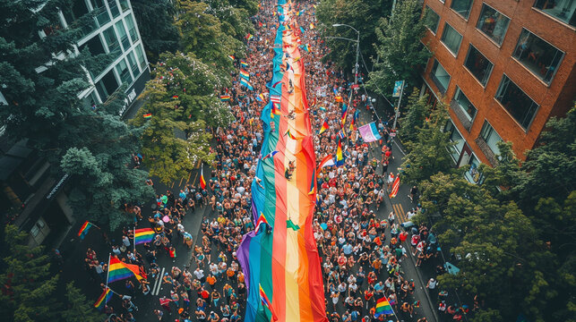 Colorful Pride Flag at a Vibrant City Street Parade