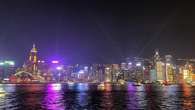 Victoria Habour, Hong Kong - Apir 14th 2024 - VDO of Bustling harbour area with waterfront scenery and popular nighttime light.