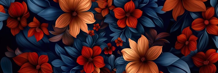 a bunch of flowers that are on some kind of black and orange background - obrazy, fototapety, plakaty