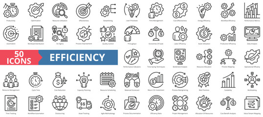 Efficiency icon collection set. Containing productivity, optimization, resource utilization, effectiveness, streamlining, lean processes, time management, cost icon. Simple line vector.