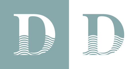 Logo Nautical. Letra inicial D con olas de mar - 786126484