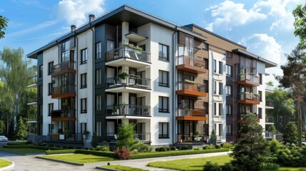 Fototapeta premium Residential apartment building with a white facade, glass balconies and green lawns in front of the house