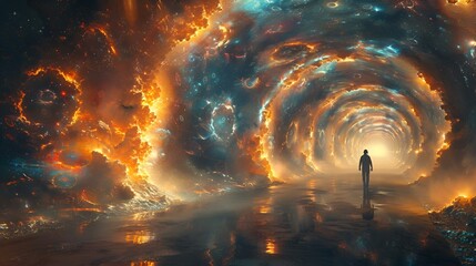 AI generated illustration of a figure faces the fiery gateway of planet - obrazy, fototapety, plakaty