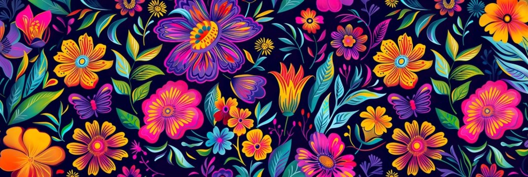 colorful and abstract flowers on black fabric background from batu batu batuku