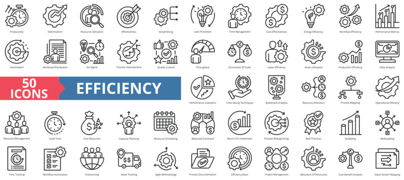 Efficiency icon collection set. Containing productivity, optimization, resource utilization, effectiveness, streamlining, lean processes, time management, cost icon. Simple line vector.