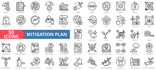 Mitigation icon collection set. Containing preparedness, disaster, risk, reduction, strategy, resilience, vulnerability icon. Simple line vector.