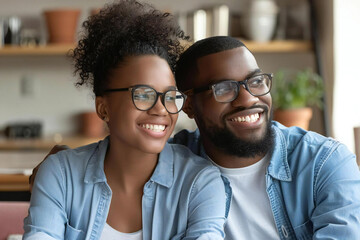 Happy African American Couple Thinking About Mortgage Decision to Buy Dream Home - obrazy, fototapety, plakaty