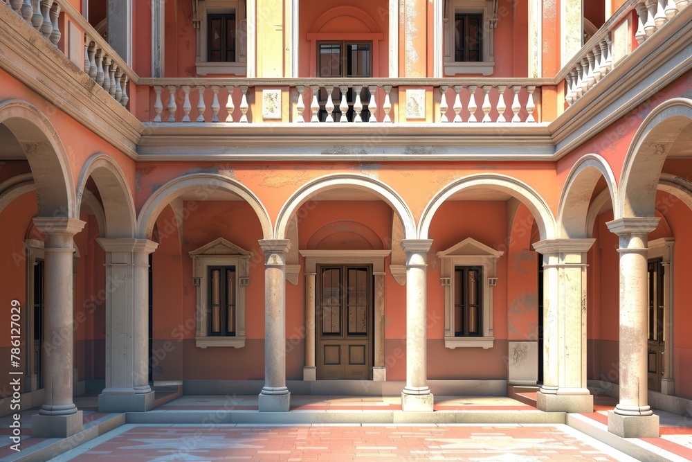 Aufkleber the building is a large, white structure with arched windows and a courtyard