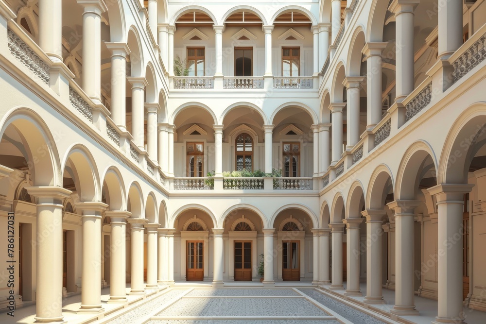 Aufkleber the building is a large, white structure with arched windows and a courtyard