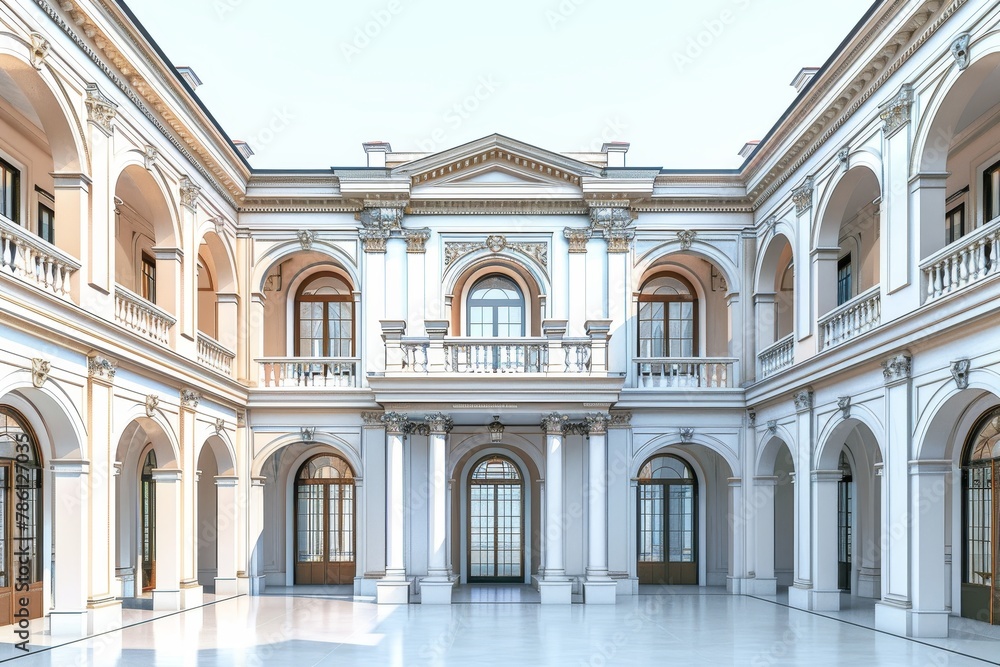 Poster the building is a large, white structure with arched windows and a courtyard