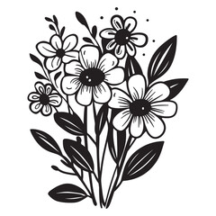 Black bunch of flowers line art design, vector illustration on white background