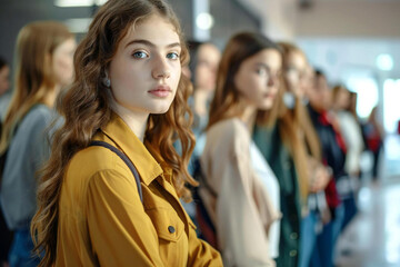 Obraz premium Group of Young Businesswomen Waiting in Line at Job Center for Recruitment Interview