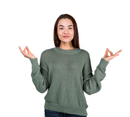 A woman in a green sweater standing with her arms raised in a gesture, isolated on a white background, business concept