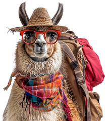 Fototapeta premium Portrait of a llama wearing tourist clothes and a backpack, isolated on a white background