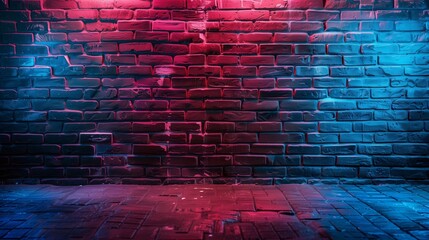 Red and Blue Neon Lit Wet Brick Wall and Floor
