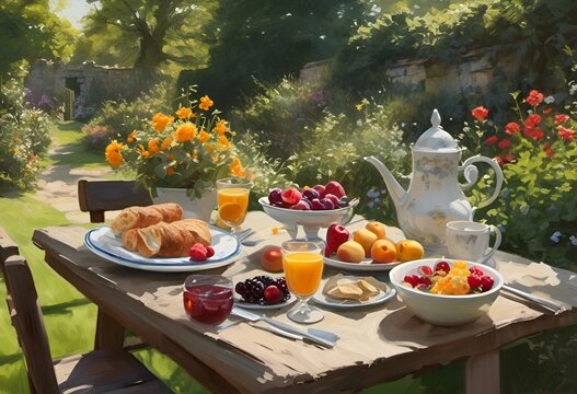 AI generated illustration of outdoor table setting with flowers and freshly squeezed orange juice