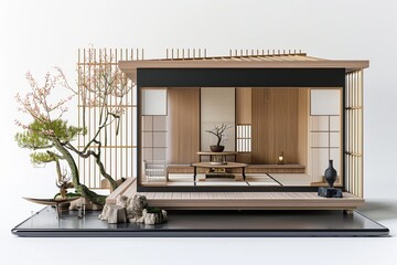small cozy Japanese-style home with a tatami mat floor and a sliding door in model style