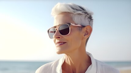 A woman with white hair and sunglasses on the beach hand drawn cartoon style on white  background