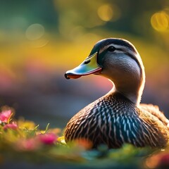 AI generated illustration of a colorful background showcases a duck with an open beak - obrazy, fototapety, plakaty