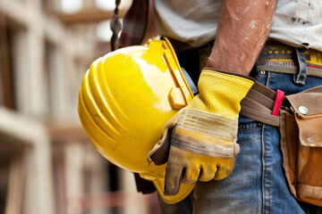 White Construction Worker in Yellow Hard Hat and Safety Gloves