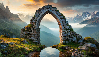 Old arch made of stone, beautiful mountain landscape. Mysterious portal to another world