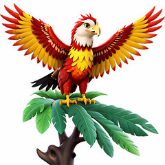  A colorful cartoon bird on a tree with red and yellow feathers. generative ai.