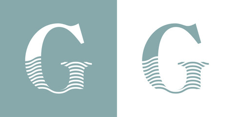 Logo Nautical. Letra inicial G con olas de mar - 786127835