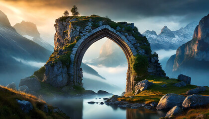 Old arch made of stone, beautiful mountain landscape. Mysterious portal to another world