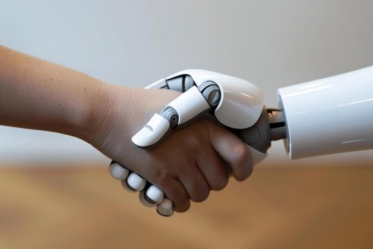 Business hand holding jigsaw puzzle pieces with robot