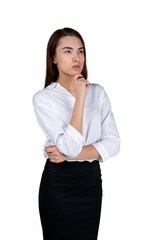 A thoughtful businesswoman in a white shirt and black skirt, isolated on a white background, conceptualizing decision