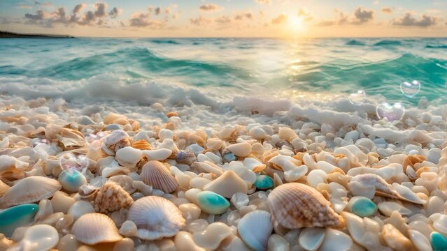 The view of sea shells on the beach creates a charming picture with its soft colors. seamless looping time lapse animation video background 