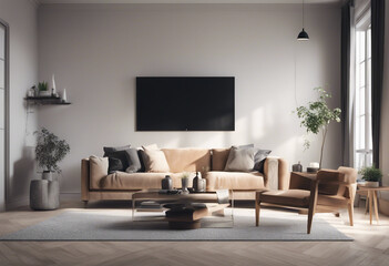 Home mockup contemporary minimalist living room interior 3d render