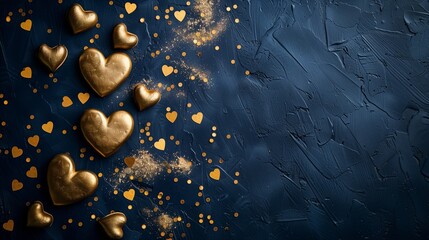Golden Hearts on a Dark Blue Textured Background