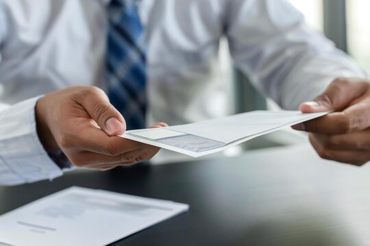 Businessperson giving paycheck compensation cheque in exchange for money