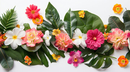 Floral banner arranged from leaves and flowers. Peony, greenery and roses card. Stylish fashion frame. Dusty pink light. Wedding design. Blush, green, white