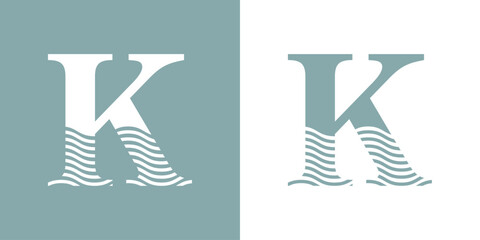 Logo Nautical. Letra inicial K con olas de mar