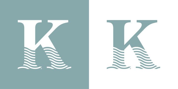 Logo Nautical. Letra inicial K con olas de mar