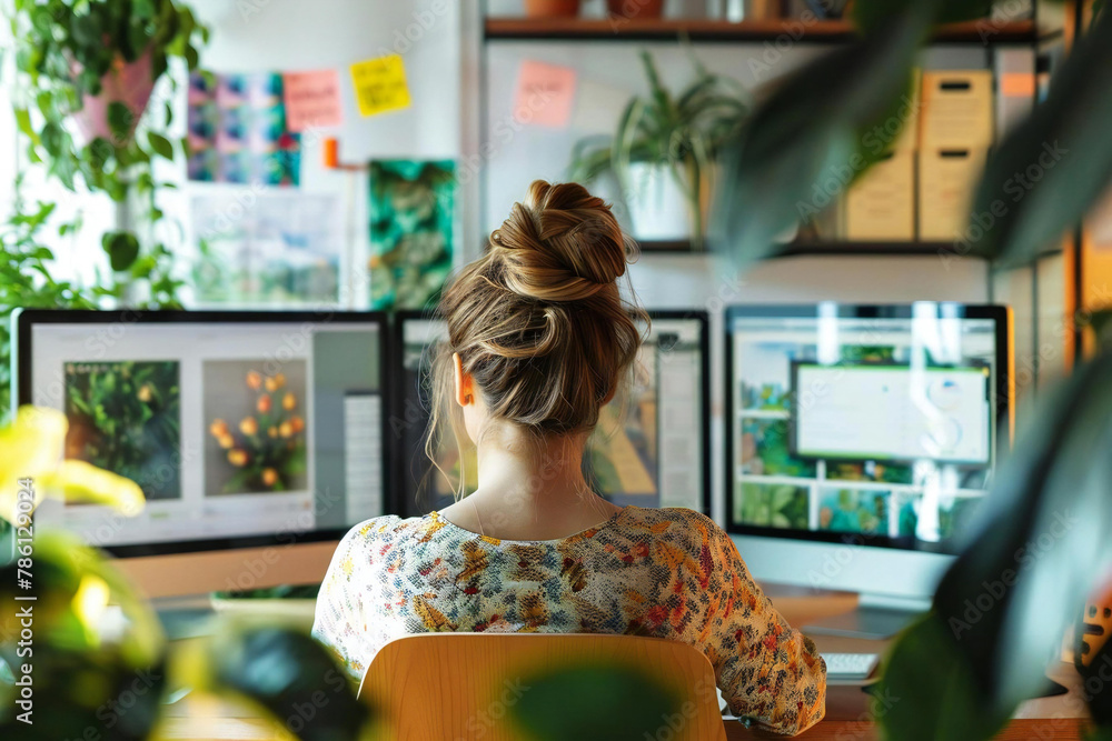 Poster designer working at colorful desk creating design photo
