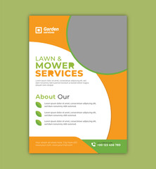 Lawn Mower Garden or Landscaping Service Flyer Template. Business Flyer poster pamphlet brochure cover design layout background, A4 size leaflet, grass, equipment, gardener