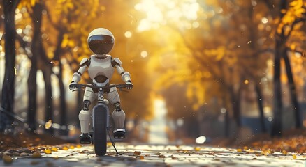 An autumn scene featuring a robot on a bike, portrayed in a hand-drawn, painted cartoon style with a transparent background.